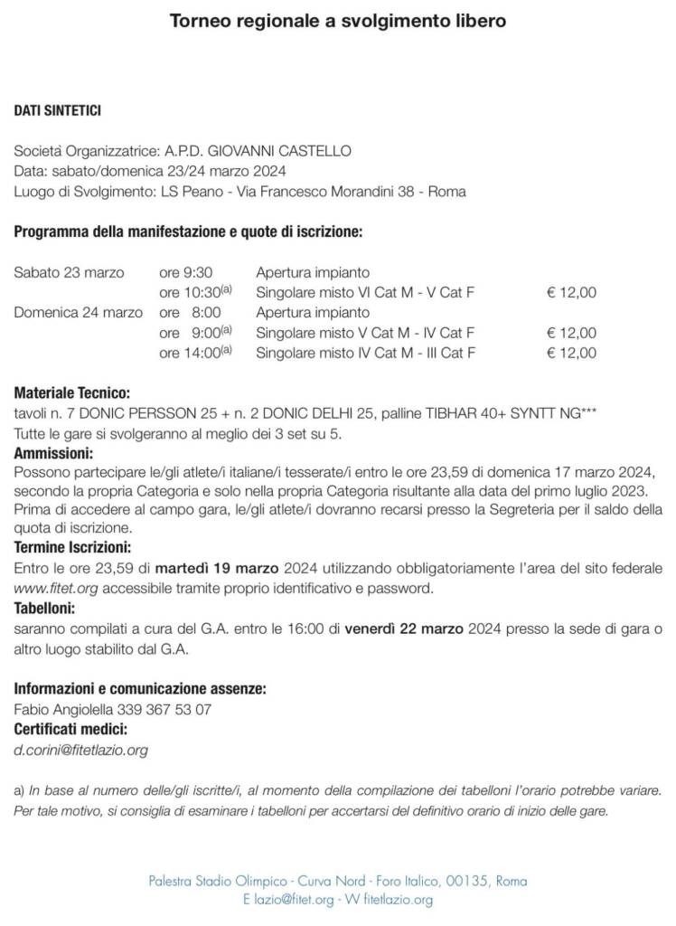 Torneo Regionale a svolgimento libero