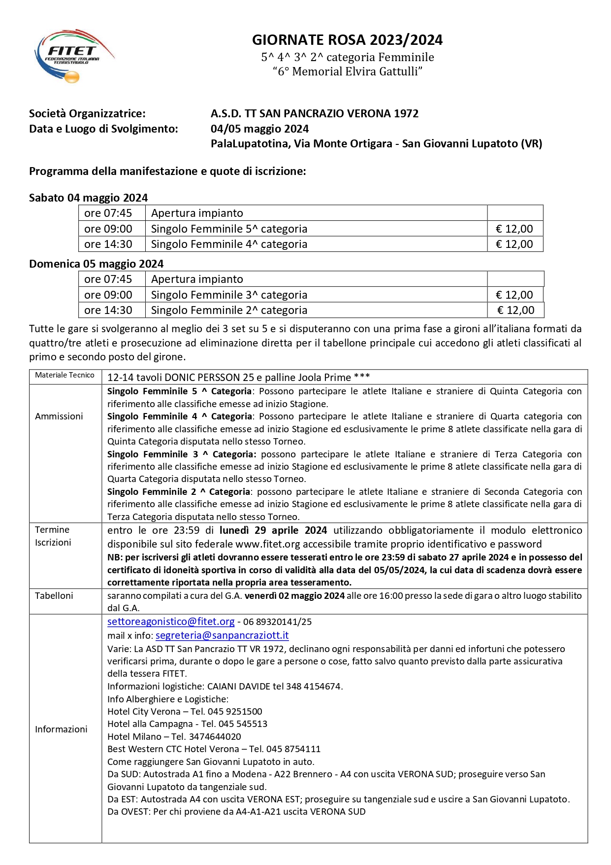 3^ Giornate Rosa di Tennistavolo della Stagione 2023/2024