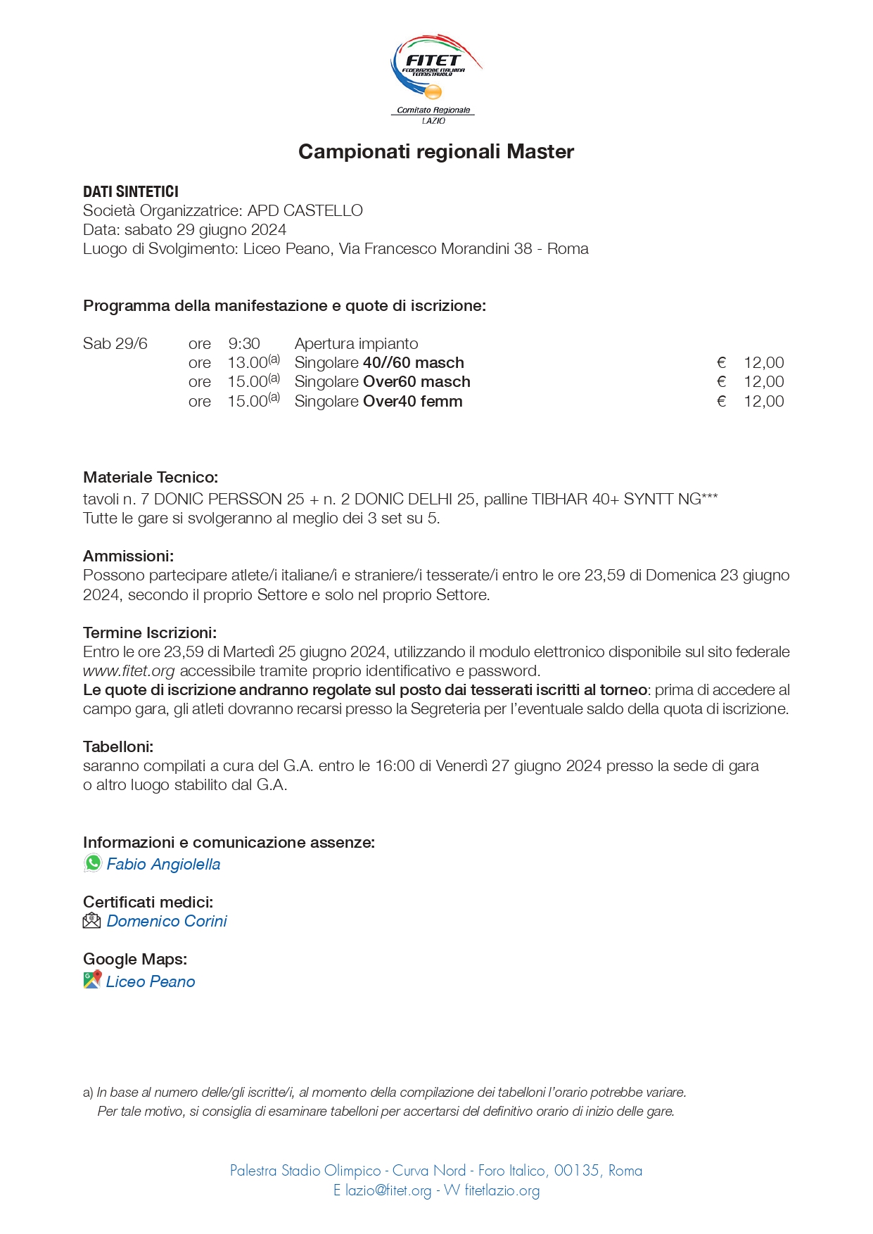 Campionati Regionali Master di Tennistavolo