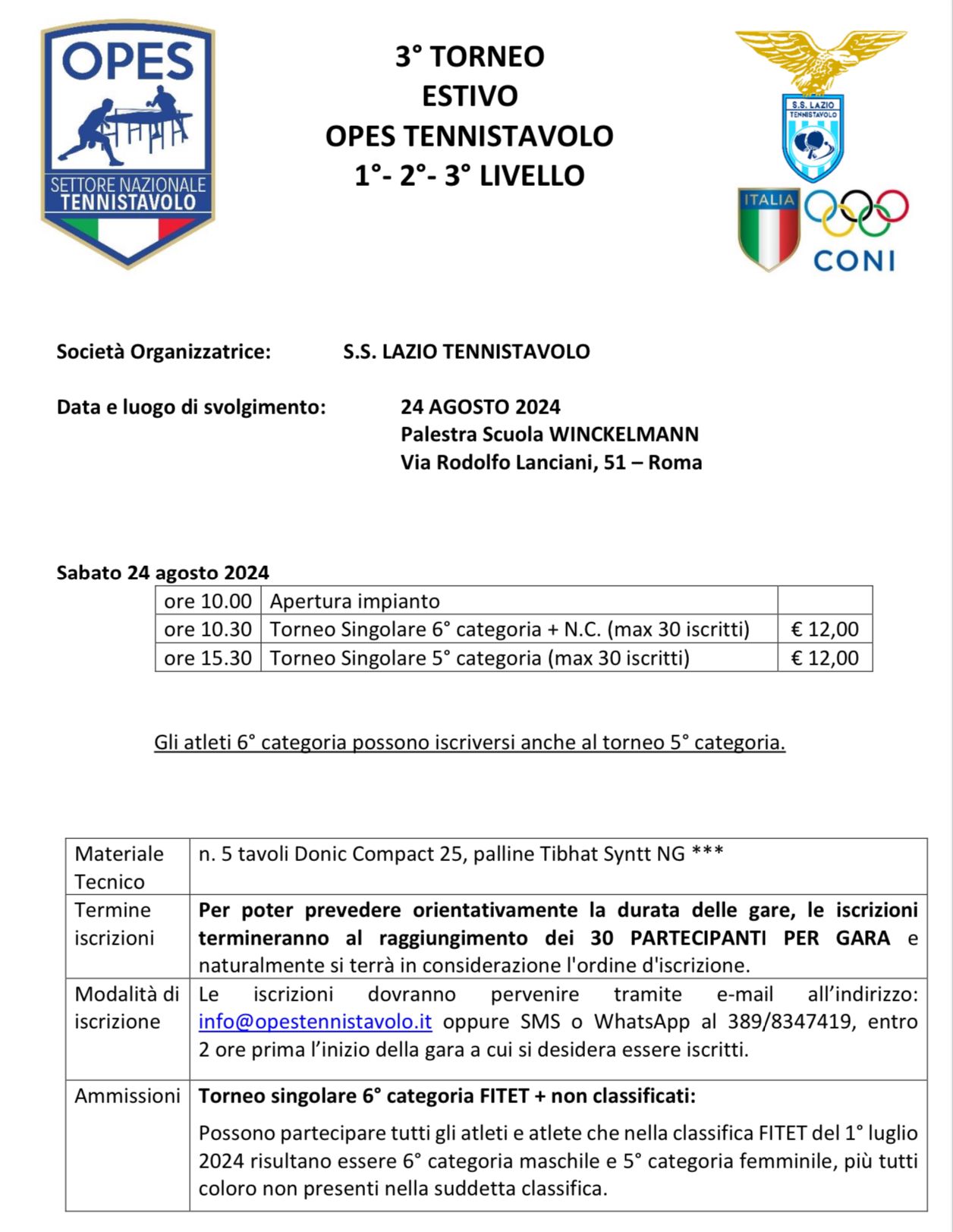 3° TORNEO ESTIVO AMATORIALE OPES TENNISTAVOLO DEL 24 AGOSTO 2024