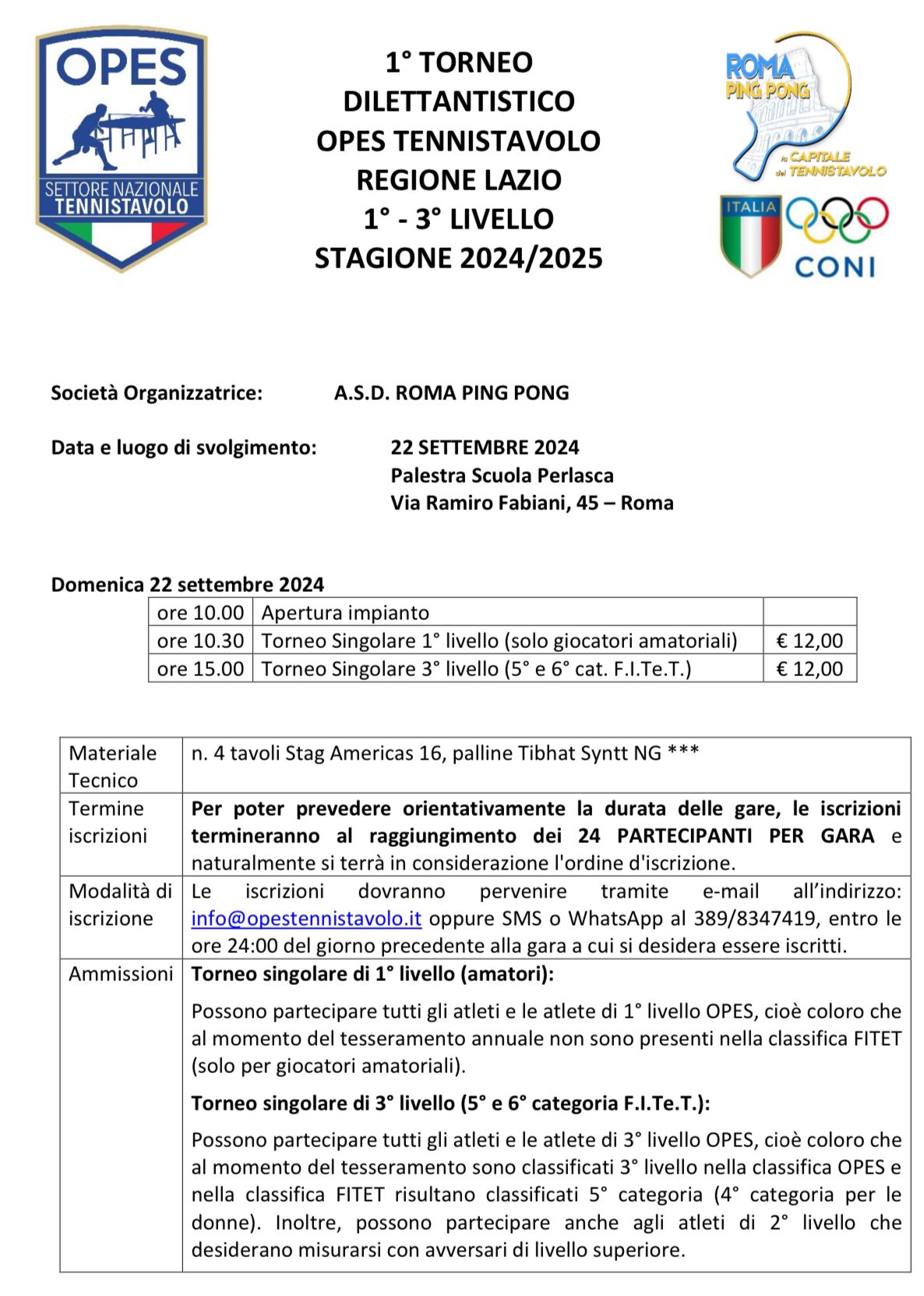 1° Torneo Amatoriale OPES Tennistavolo