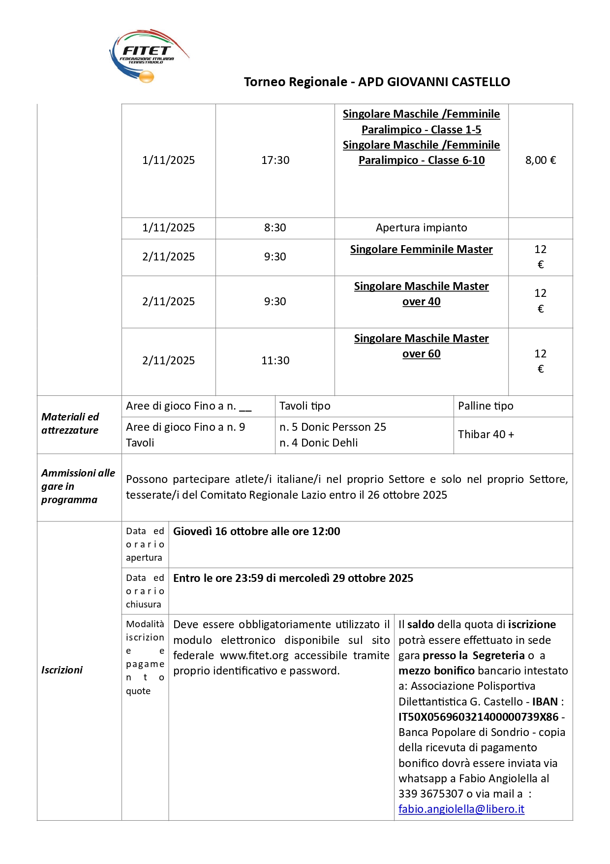 Tornei Regionali di Tennistavolo