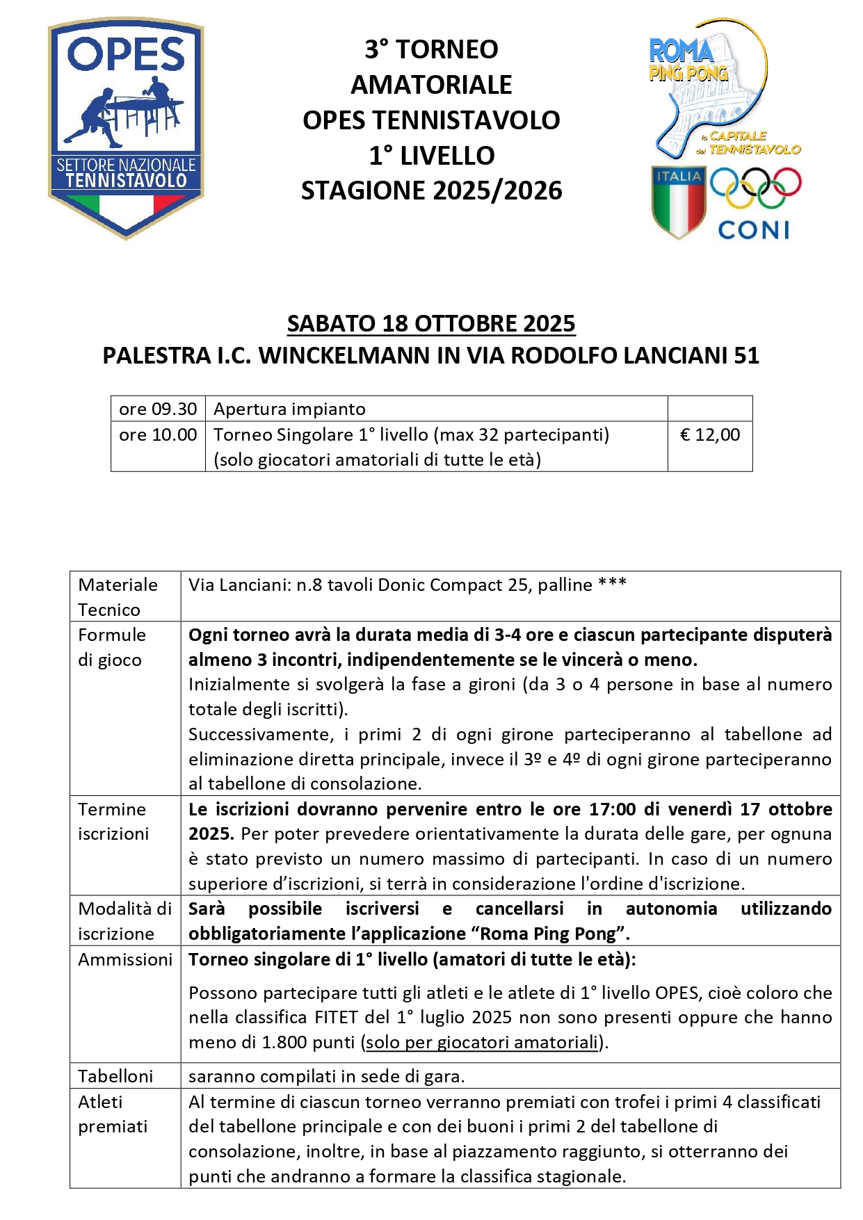 3° Torneo Amatoriale OPES Tennistavolo