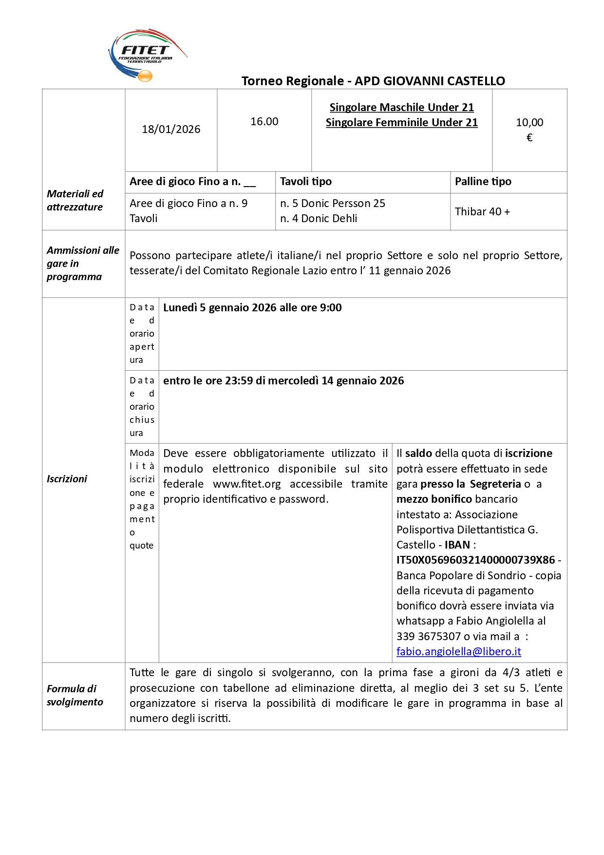 Torneo Regionale Giovanile di Tennistavolo