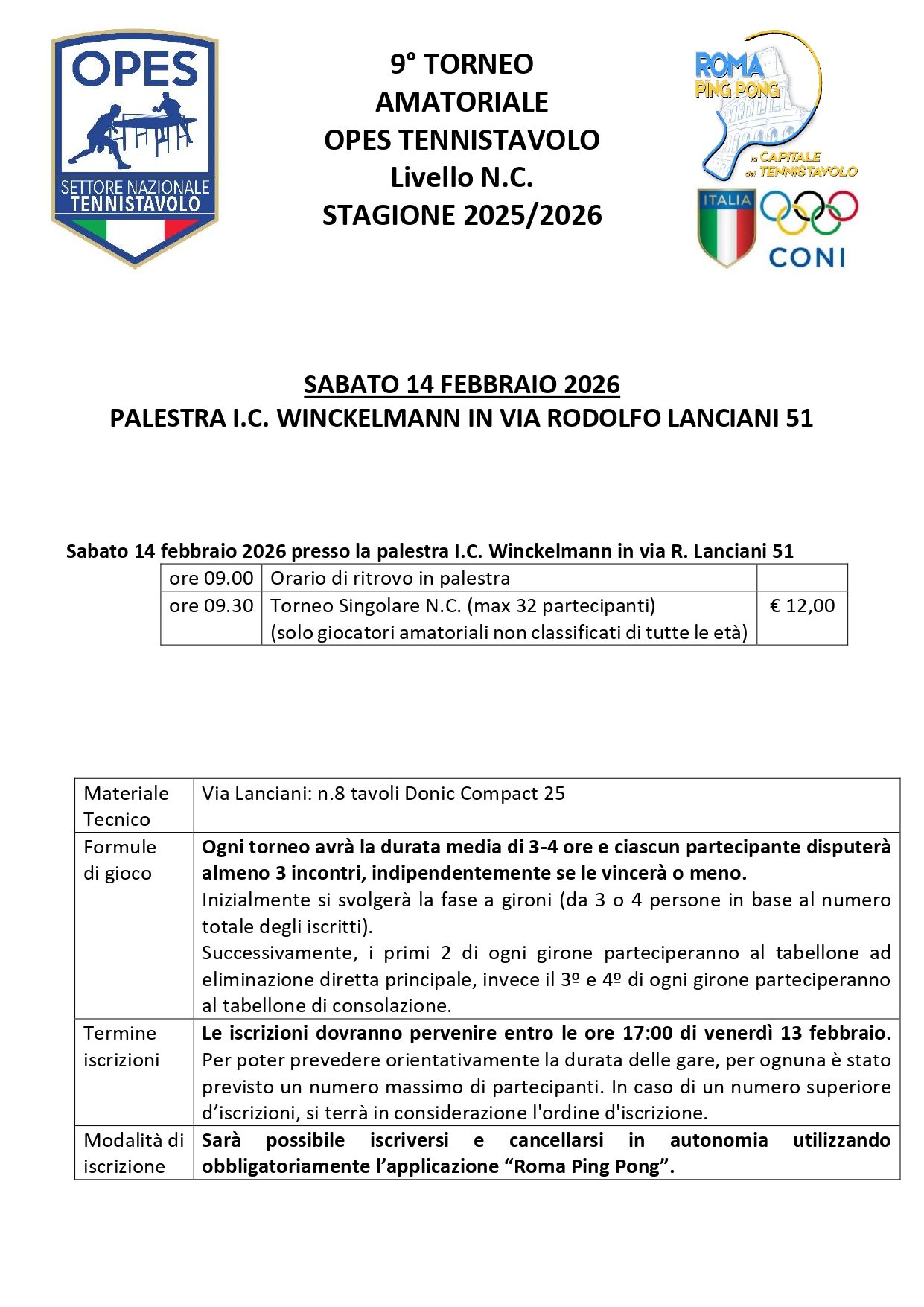 9° Torneo Amatoriale OPES Tennistavolo