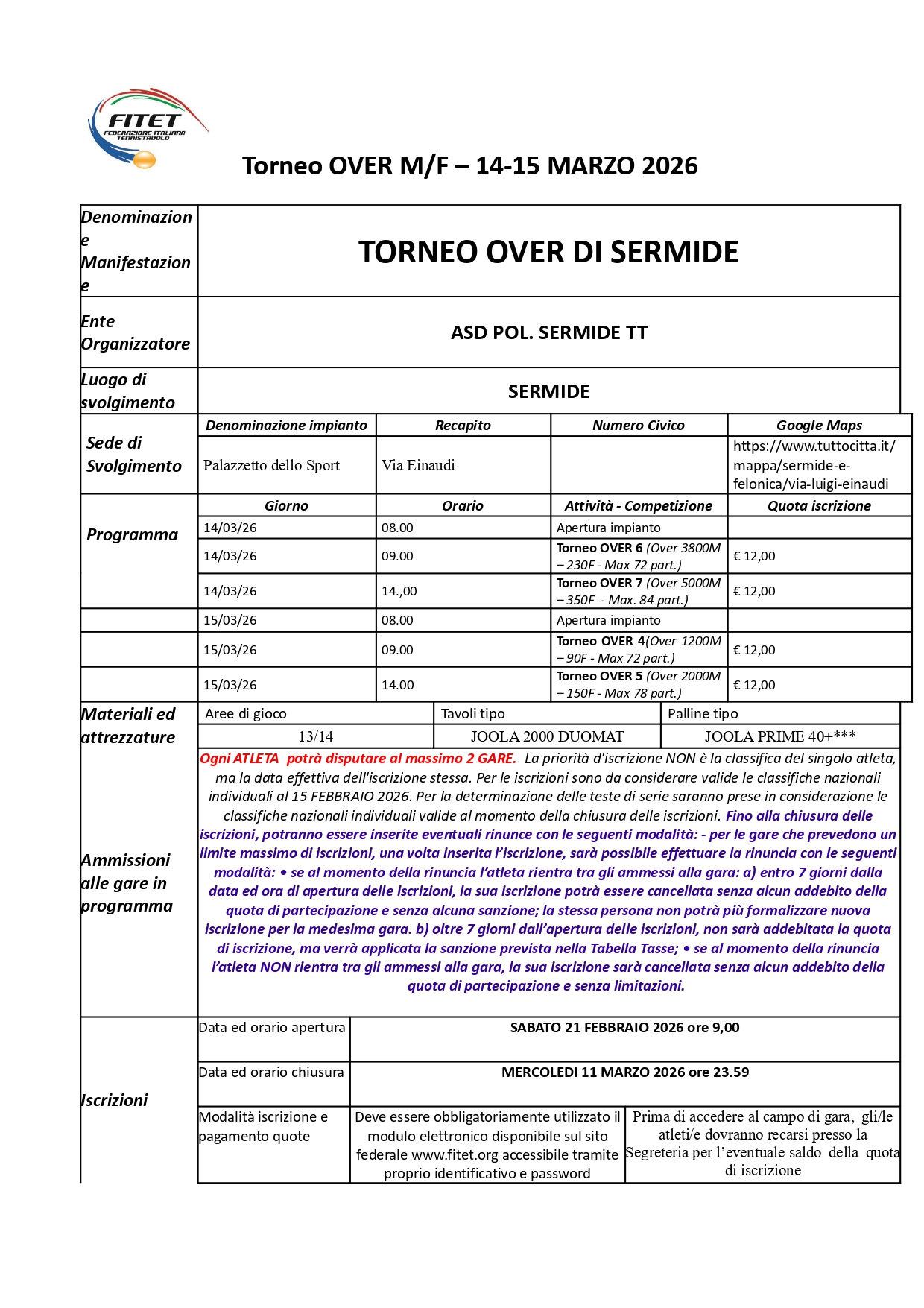 Torneo Over Interregionale di Tennistavolo