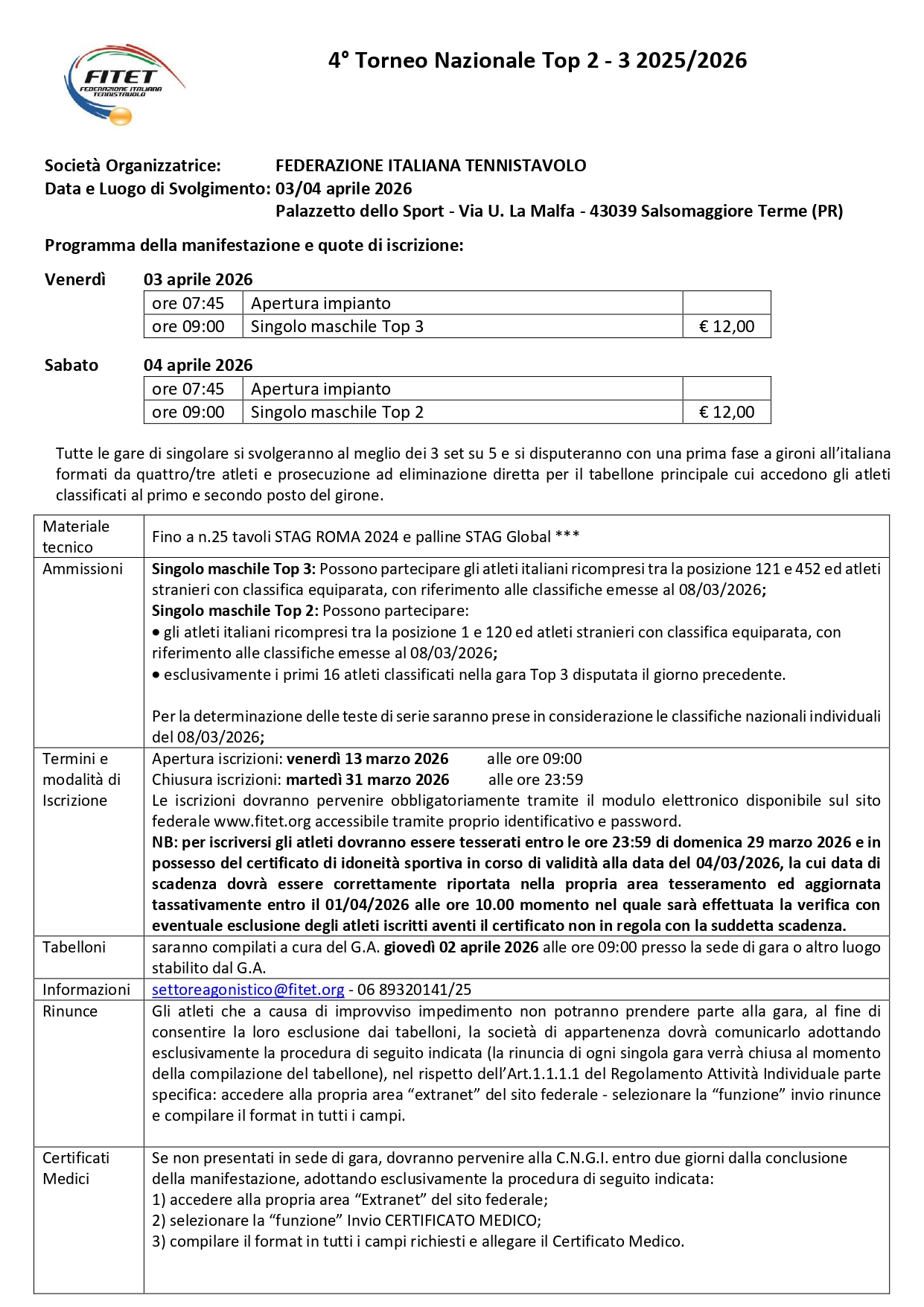 Torneo Nazionale Top 2-3 di Tennistavolo