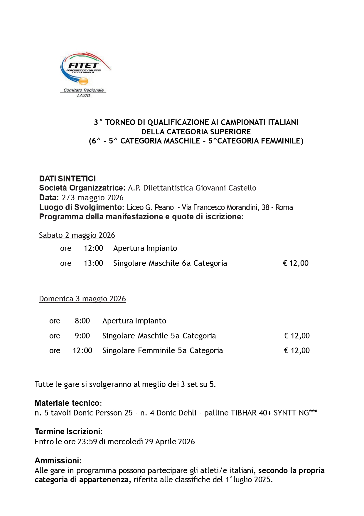 Torneo Regionale di Qualificazione ai Campionati Italiani di Tennistavolo