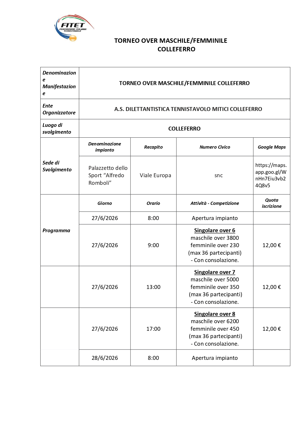 Torneo Over Interregionale di Tennistavolo