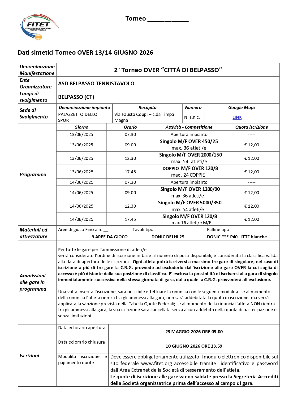 Torneo Over Interregionale di Tennistavolo