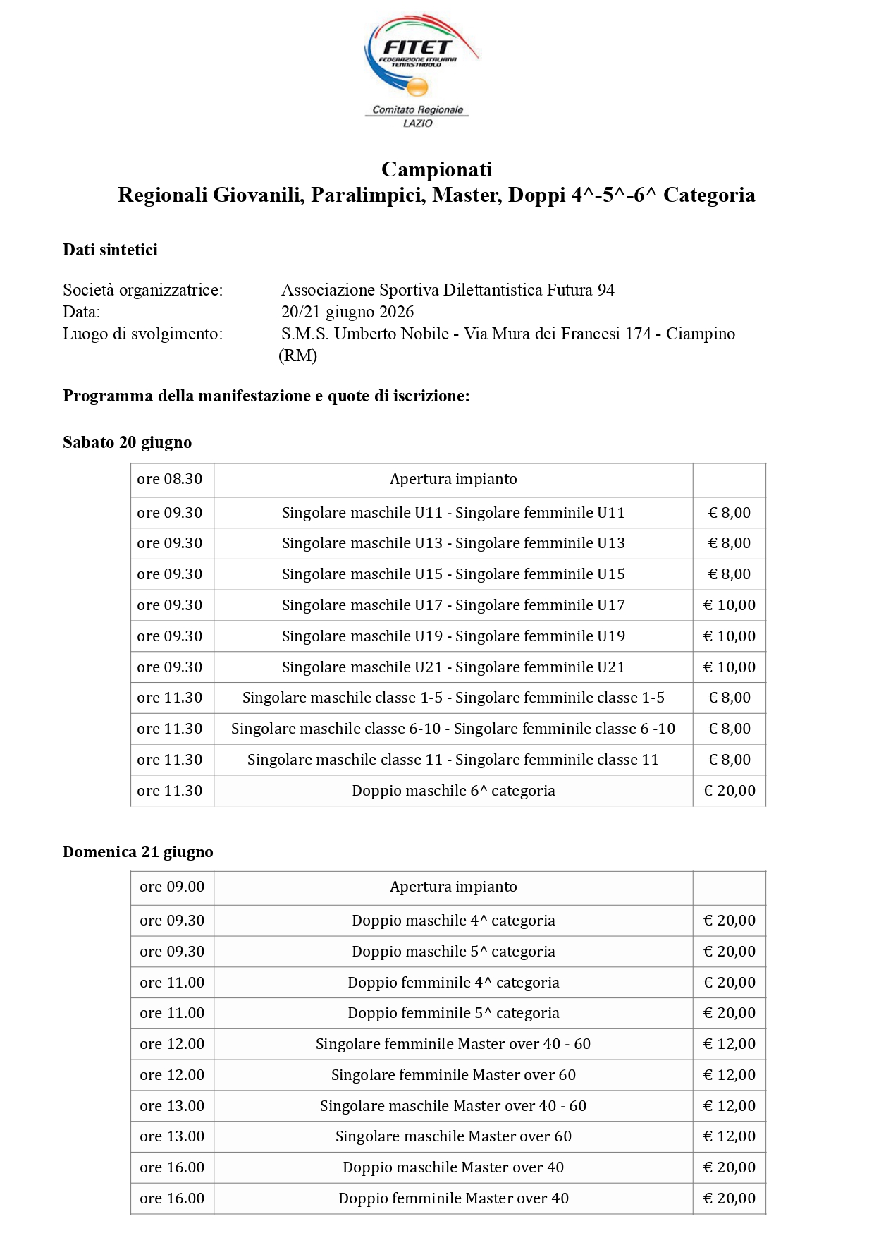Campionati Regionali di Categoria di Tennistavolo