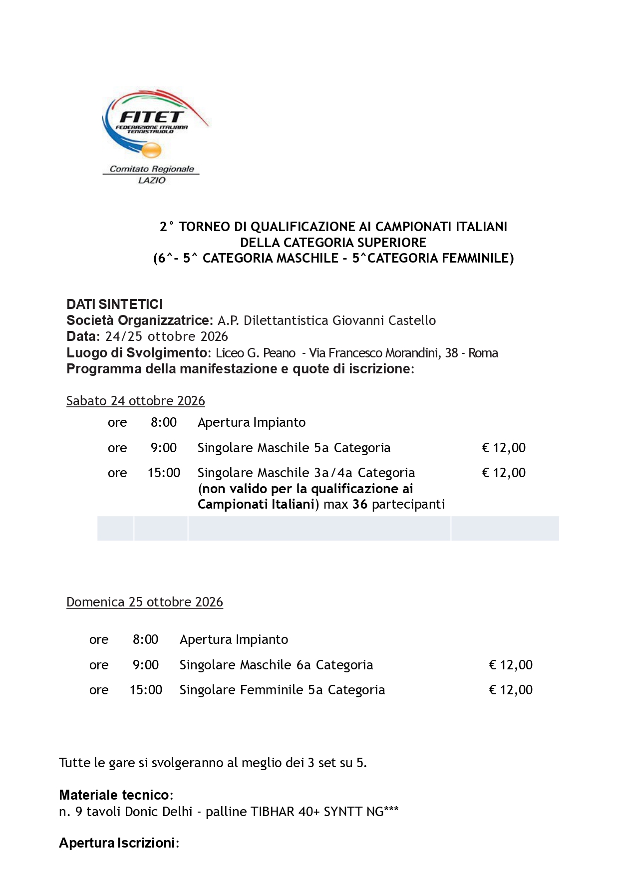 Torneo Regionale di Qualificazione ai Campionati Italiani di Tennistavolo