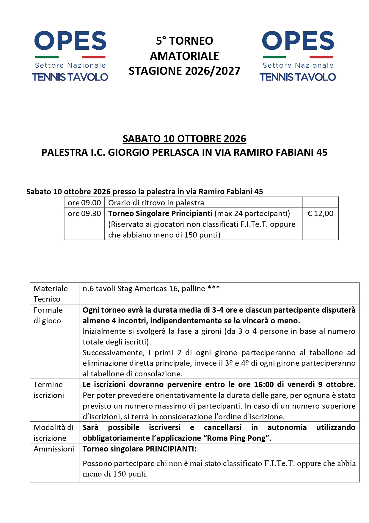 5° Torneo Amatoriale OPES Tennistavolo
