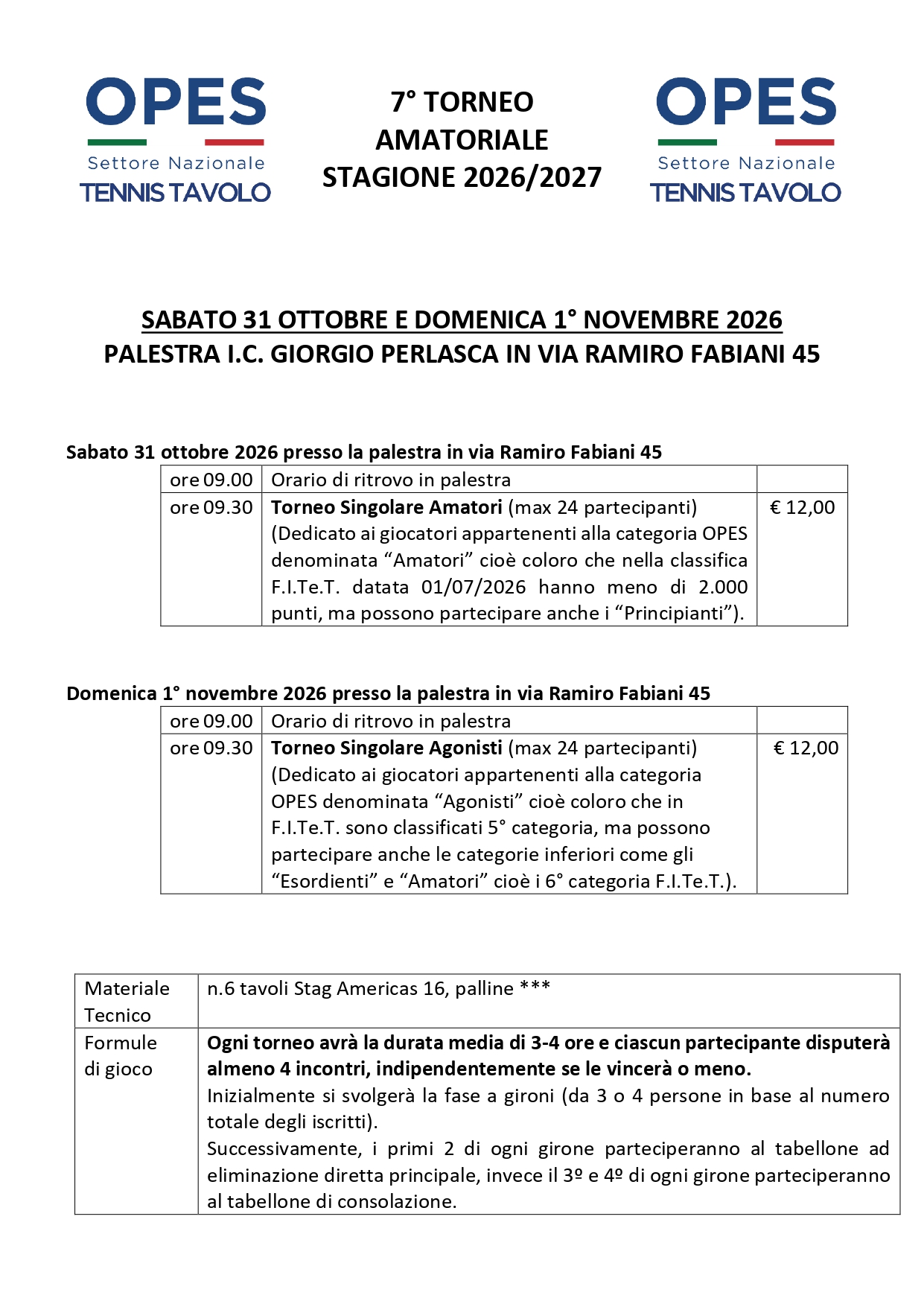 7° Torneo Amatoriale OPES Tennistavolo