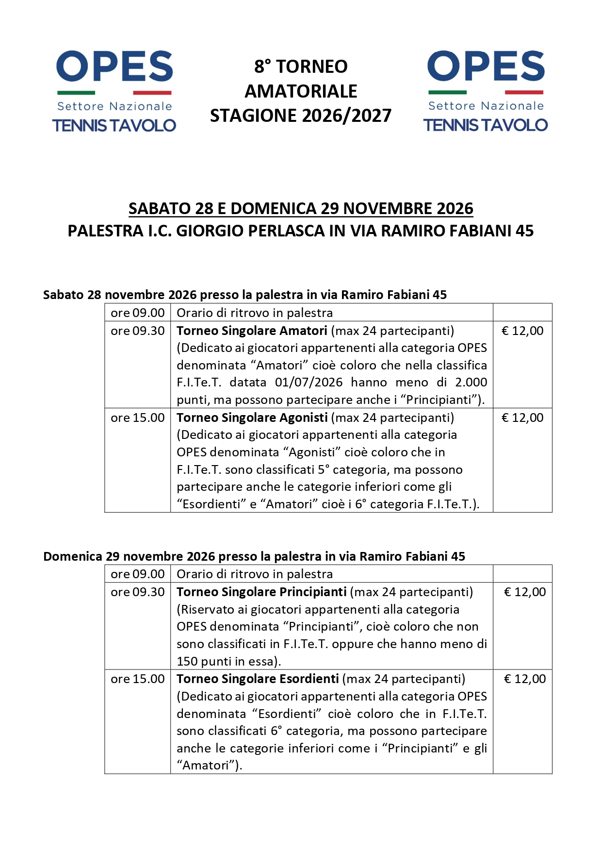 8° Torneo Amatoriale OPES Tennistavolo